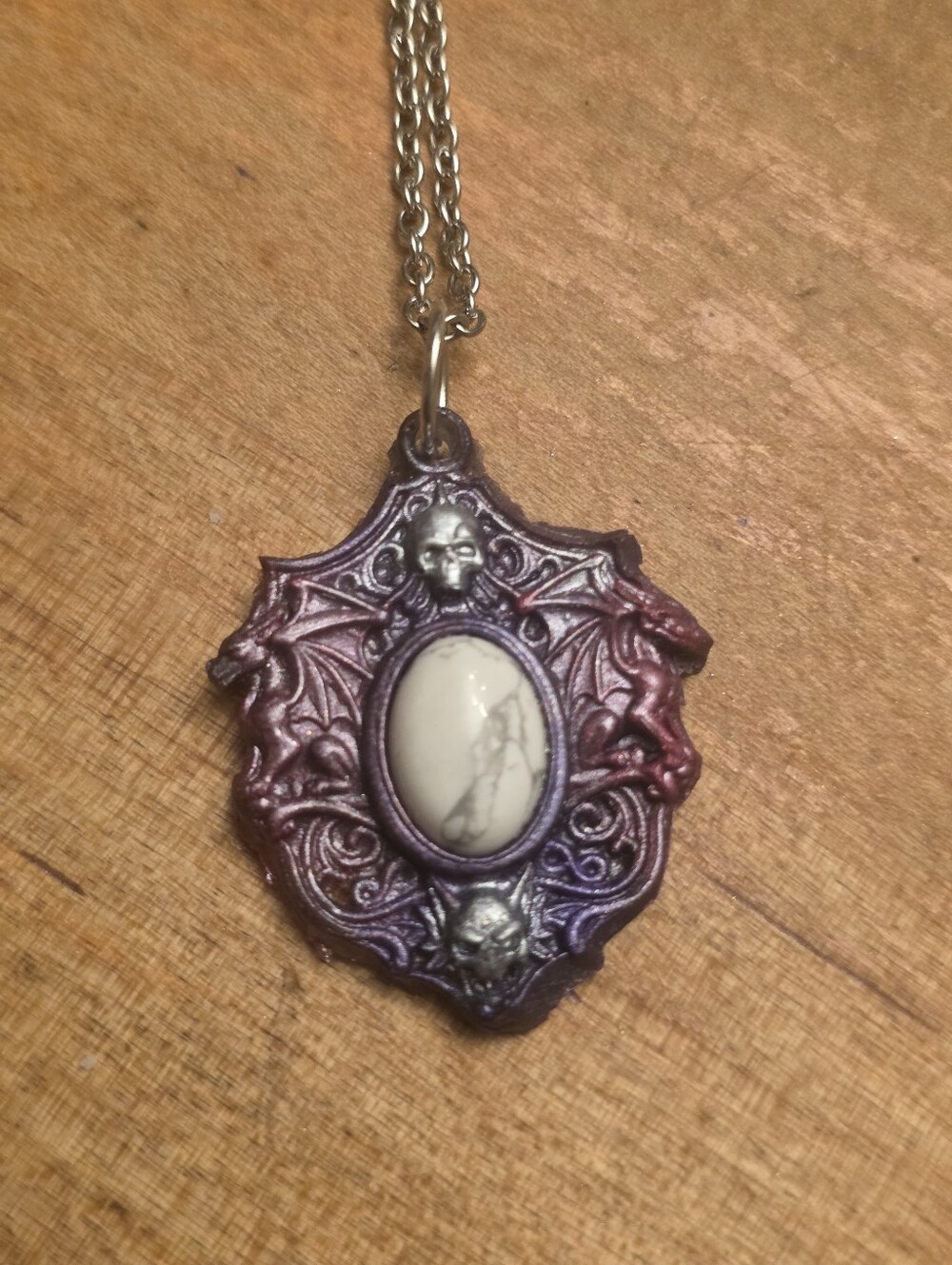 Gothic Halloween Resin Skeleton Frame With Gemstone Howlite Center Silver Chain